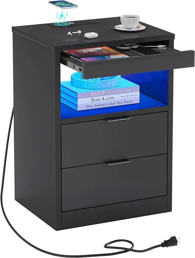 Main image of LED Nightstand Black Nightstand with Wireless Charging Station 2 Drawers, Modern Bedroom End Side Table with LED Lights, Wooden Sofa Bedside Table with Pull-Out Shelf