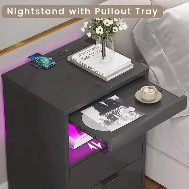 Alt view image 5 of 7 - LED Nightstand Black Nightstand with Wireless Charging Station 2 Drawers, Modern Bedroom End Side Table with LED Lights, Wooden Sofa Bedside Table with Pull-Out Shelf