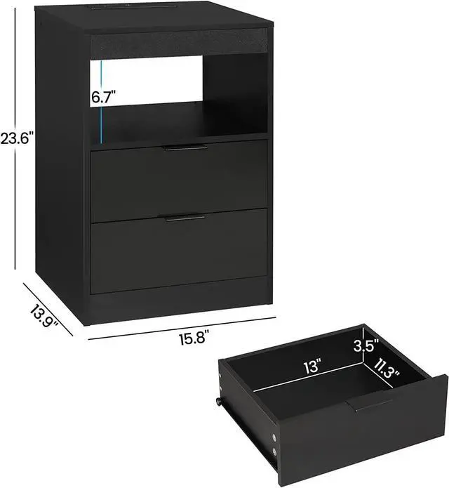 Alt view image 3 of 7 - LED Nightstand Black Nightstand with Wireless Charging Station 2 Drawers, Modern Bedroom End Side Table with LED Lights, Wooden Sofa Bedside Table with Pull-Out Shelf