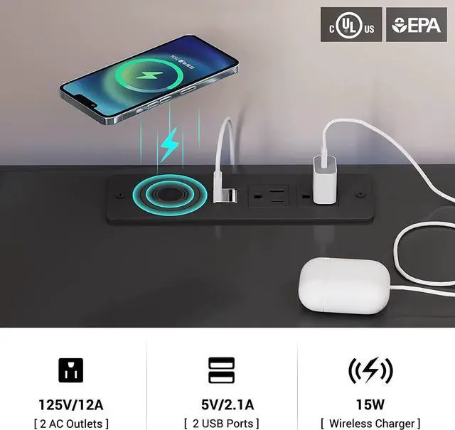 Alt view image 6 of 7 - LED Nightstand Black Nightstand with Wireless Charging Station 2 Drawers, Modern Bedroom End Side Table with LED Lights, Wooden Sofa Bedside Table with Pull-Out Shelf