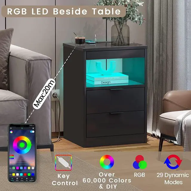Alt view image 4 of 7 - LED Nightstand Black Nightstand with Wireless Charging Station 2 Drawers, Modern Bedroom End Side Table with LED Lights, Wooden Sofa Bedside Table with Pull-Out Shelf