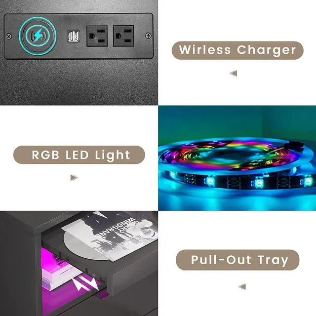 Alt view image 7 of 7 - LED Nightstand Black Nightstand with Wireless Charging Station 2 Drawers, Modern Bedroom End Side Table with LED Lights, Wooden Sofa Bedside Table with Pull-Out Shelf