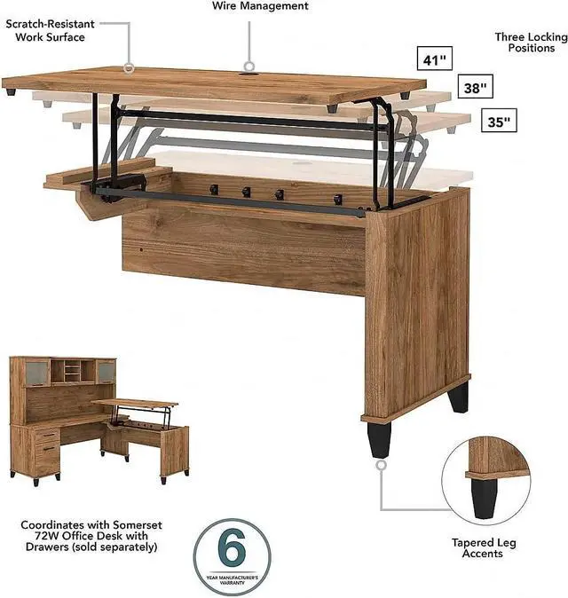 Alt view image 5 of 7 - Bush Furniture Somerset 3 Position Sit to Stand L Shaped Desk with Hutch, 72W, Fresh Walnut