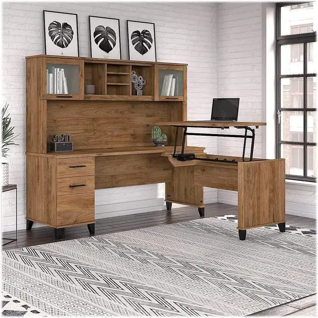 Alt view image 2 of 7 - Bush Furniture Somerset 3 Position Sit to Stand L Shaped Desk with Hutch, 72W, Fresh Walnut
