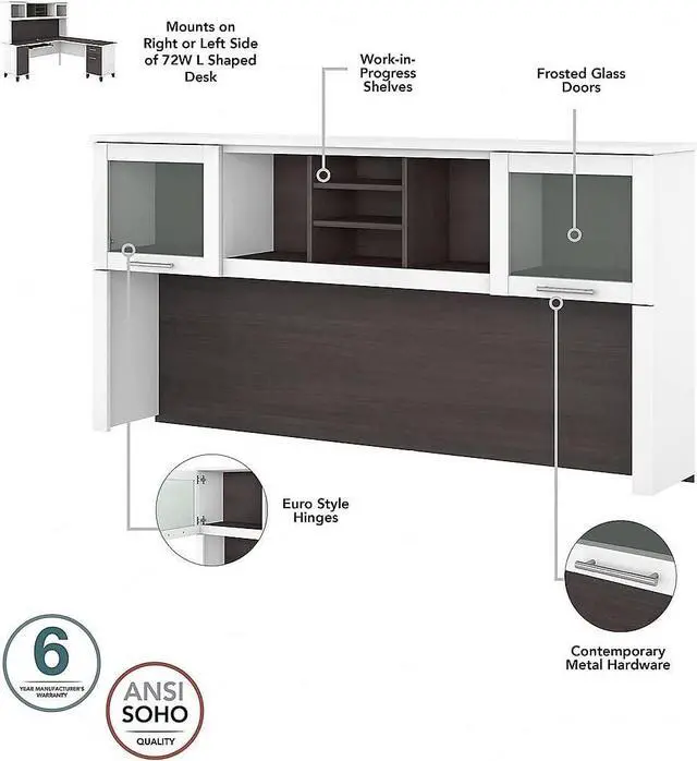 Alt view image 5 of 7 - Bush Furniture Somerset 3 Position Sit to Stand L Shaped Desk with Hutch, 72W, White and Storm