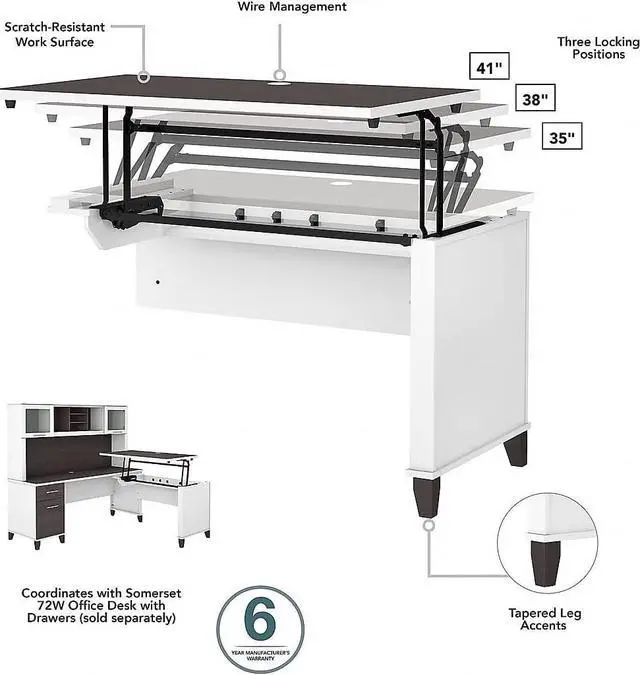 Alt view image 4 of 7 - Bush Furniture Somerset 3 Position Sit to Stand L Shaped Desk with Hutch, 72W, White and Storm