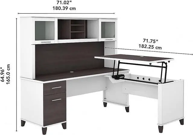 Alt view image 2 of 7 - Bush Furniture Somerset 3 Position Sit to Stand L Shaped Desk with Hutch, 72W, White and Storm