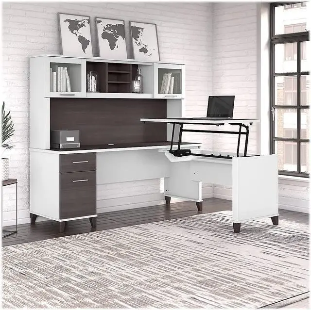 Alt view image 7 of 7 - Bush Furniture Somerset 3 Position Sit to Stand L Shaped Desk with Hutch, 72W, White and Storm