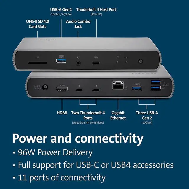 Alt view image 3 of 6 - Kensington SD5780T Thunderbolt 4 Dual 4K Docking Station with 96W Power Delivery & SD Card Reader, HDMI & Thunderbolt 4 Ports for Windows and MacBooks