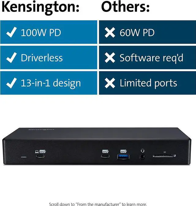 Alt view image 7 of 7 - Kensington SD4850P USB-C Docking Station for Dell, HP, Lenovo, Surface, PixelBook, Pixel Slate- Dual 4K Video, 100W PD
