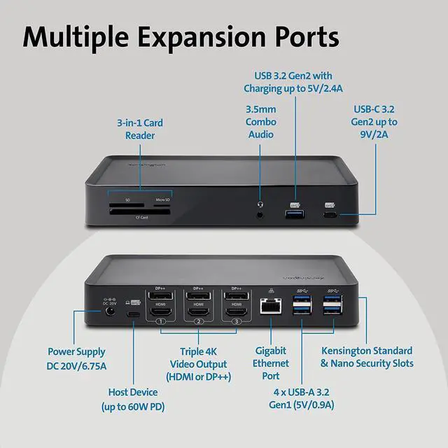 Alt view image 6 of 6 - Kensington Triple 4k Display Docking Station for Windows, MacBooks and Surface - 60W PD; USB-C, Thunderbolt 3/4 & USB-A
