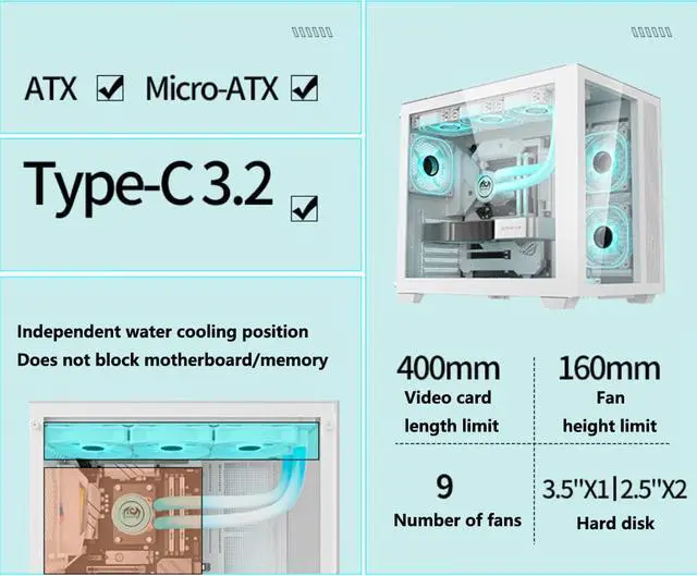 Alt view image 4 of 7 - Micro ATX Case, Mini-ITX Gaming PC Case 2 Tempered Glass Panels & Front Panel Micro ATX PC Case USB 3.0 Type-C 3.2/360mm Water Cooling Ready - White
