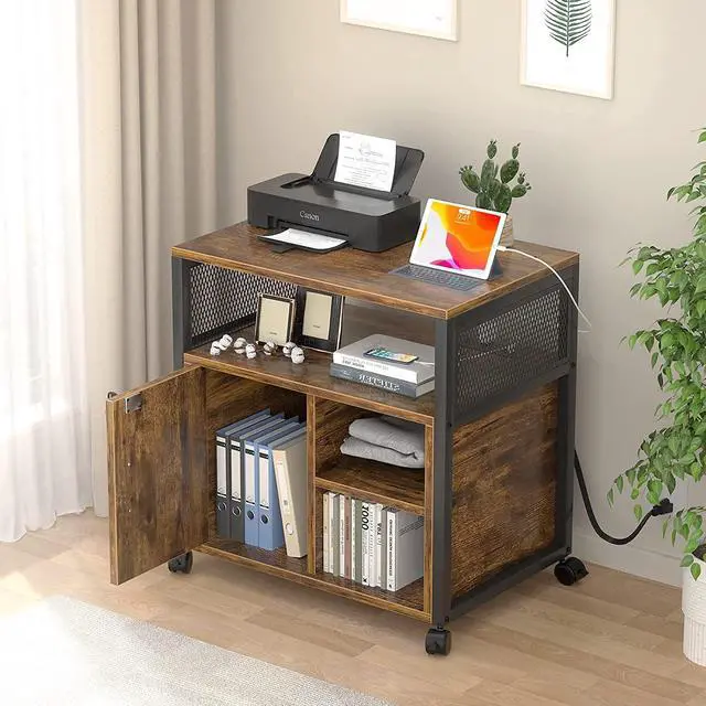 Alt view image 5 of 6 - Lateral File Cabinet, Locking Office Filing Cabinets with Socket and USB Charging Port, Modern Rolling Printer Stand with Storage for A4, Letter Size and File Folders, Rustic Brown