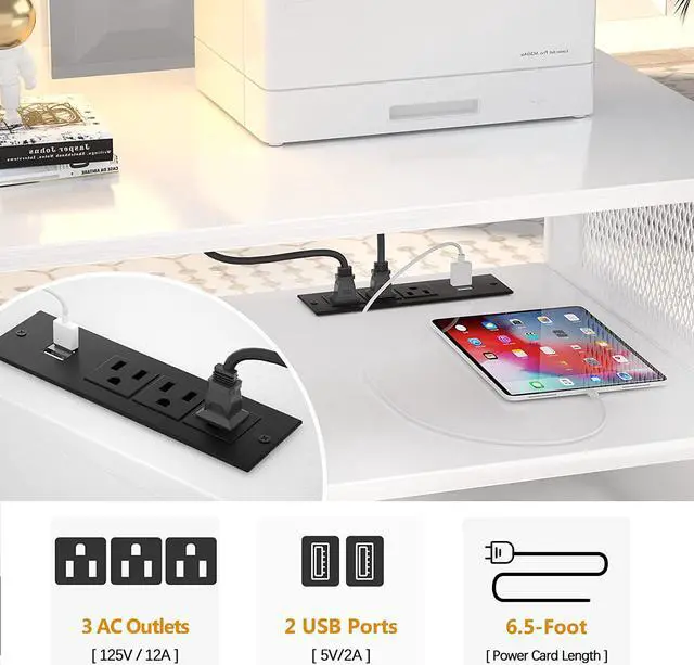 Alt view image 3 of 6 - Lateral File Cabinet, Locking Office Filing Cabinets with Socket and USB Charging Port, Modern Rolling Printer Stand with Storage for A4, Letter Size and File Folders, White