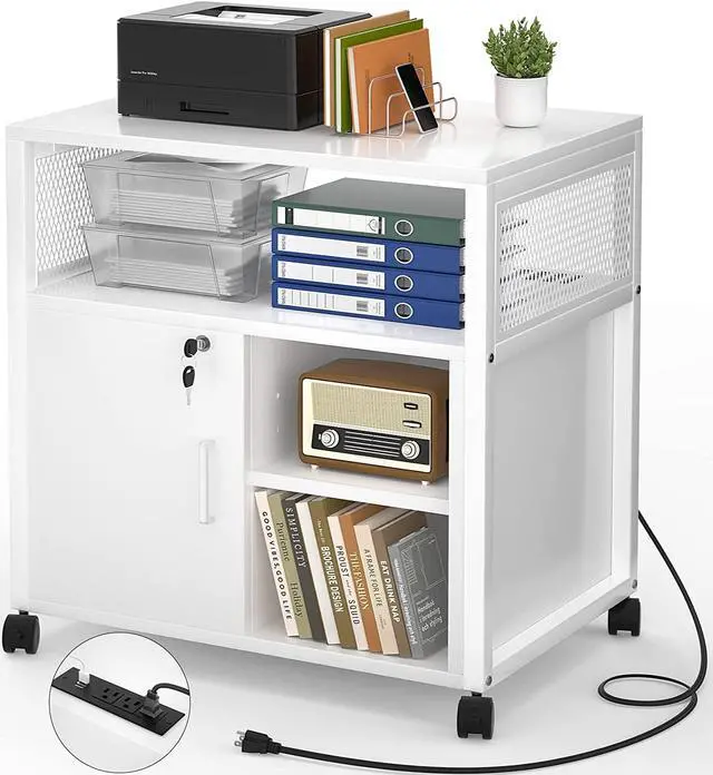 Main image of Lateral File Cabinet, Locking Office Filing Cabinets with Socket and USB Charging Port, Modern Rolling Printer Stand with Storage for A4, Letter Size and File Folders, White