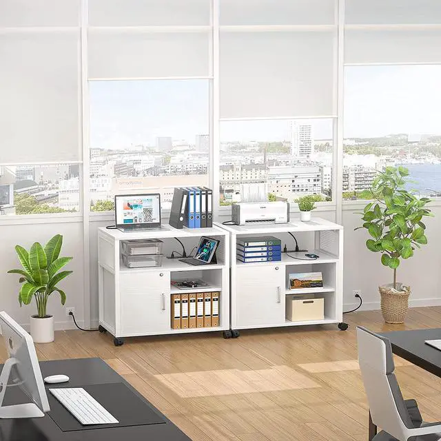 Alt view image 4 of 6 - Lateral File Cabinet, Locking Office Filing Cabinets with Socket and USB Charging Port, Modern Rolling Printer Stand with Storage for A4, Letter Size and File Folders, White