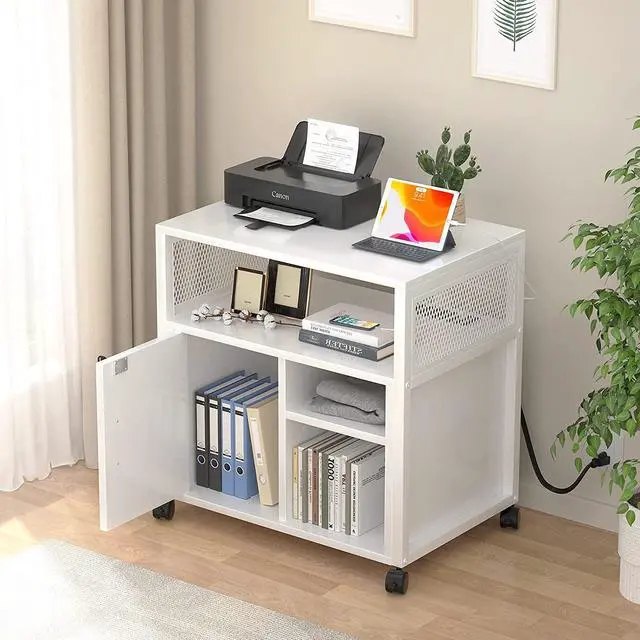 Alt view image 5 of 6 - Lateral File Cabinet, Locking Office Filing Cabinets with Socket and USB Charging Port, Modern Rolling Printer Stand with Storage for A4, Letter Size and File Folders, White