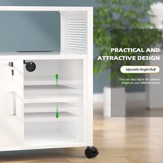 Alt view image 6 of 6 - Lateral File Cabinet, Locking Office Filing Cabinets with Socket and USB Charging Port, Modern Rolling Printer Stand with Storage for A4, Letter Size and File Folders, White