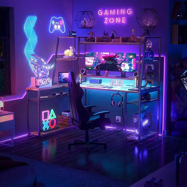 Alt view image 2 of 7 - L Shaped Gaming Desk with LED Lights & Power Strips, 63'' Reversible Gaming Table Desk with Hutch, L-Shaped PC Gaming Desk with Storage, L Gamer Desk with Monitor Stand & Hook, Rustic Brown