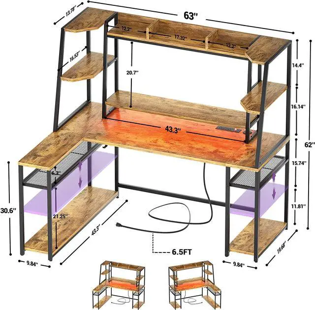 Alt view image 3 of 7 - L Shaped Gaming Desk with LED Lights & Power Strips, 63'' Reversible Gaming Table Desk with Hutch, L-Shaped PC Gaming Desk with Storage, L Gamer Desk with Monitor Stand & Hook, Rustic Brown