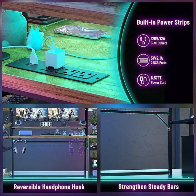 Alt view image 6 of 7 - L Shaped Gaming Desk with LED Lights & Power Strips, 63'' Reversible Gaming Table Desk with Hutch, L-Shaped PC Gaming Desk with Storage, L Gamer Desk with Monitor Stand & Hook, Rustic Brown