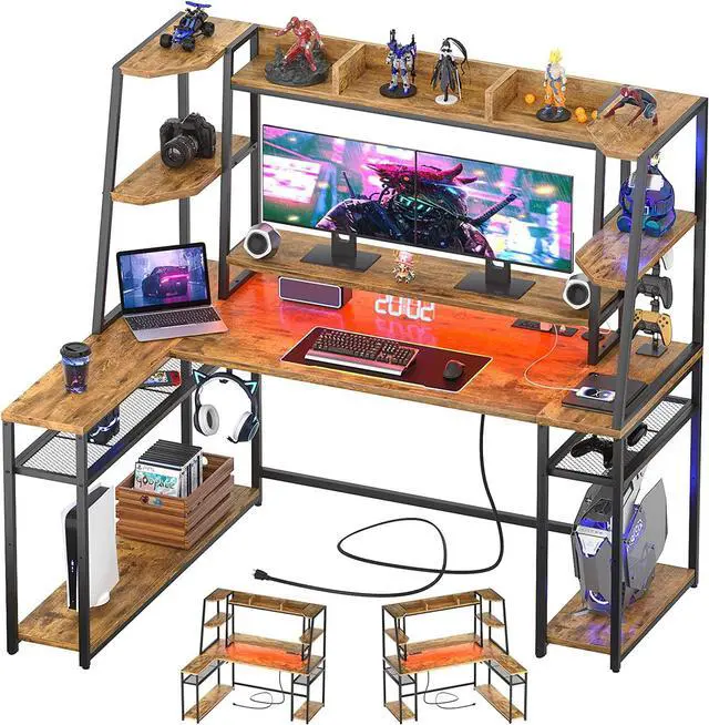 Main image of L Shaped Gaming Desk with LED Lights & Power Strips, 63'' Reversible Gaming Table Desk with Hutch, L-Shaped PC Gaming Desk with Storage, L Gamer Desk with Monitor Stand & Hook, Rustic Brown