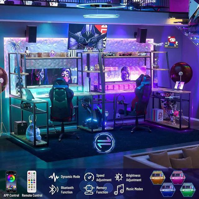 Alt view image 4 of 7 - L Shaped Gaming Desk with LED Lights & Power Strips, 63'' Reversible Gaming Table Desk with Hutch, L-Shaped PC Gaming Desk with Storage, L Gamer Desk with Monitor Stand & Hook, Rustic Brown