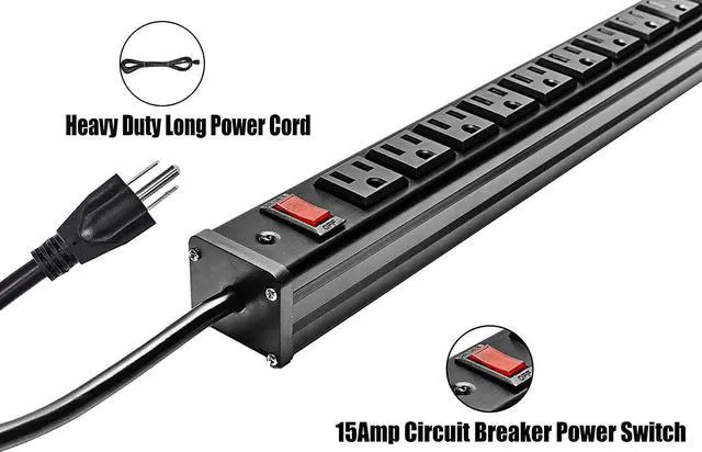 Alt view image 3 of 6 - Surge Protector Power Strip 24-Outlet, ETL Certified Long Heavy Duty Metal Power Strip with 9.8-Foot Long Extension Power Cord for Cabinet, Industrial, Commercial and Home (Black)