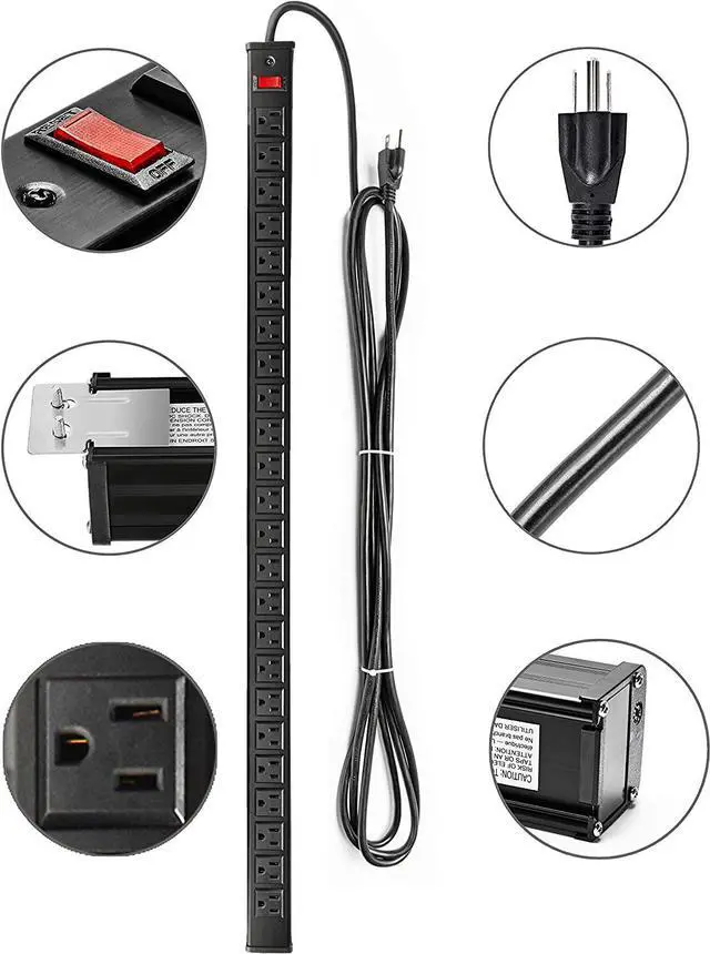 Alt view image 5 of 6 - Surge Protector Power Strip 24-Outlet, ETL Certified Long Heavy Duty Metal Power Strip with 9.8-Foot Long Extension Power Cord for Cabinet, Industrial, Commercial and Home (Black)