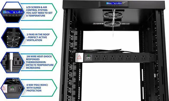 Alt view image 7 of 7 - Sysracks 22U 35 inch Deep Server Rack Cabinet It Enclosure - Cooling Fans - LCD Screen - Thermostat - PDU - Casters - 2 Fans  Shelf