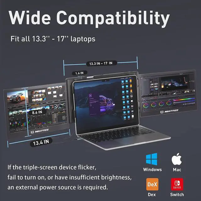 Alt view image 2 of 7 - Triple Portable Monitor for Laptop, 13.3" 1080P FHD Dual Monitor, One Cable Plug and Play Laptop Screen Extender for Mac/Windows, Support M1/M2 Chip MacBook Monitor for 13.3-17 Laptops