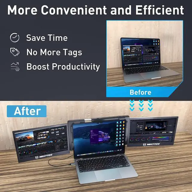 Alt view image 5 of 7 - Triple Portable Monitor for Laptop, 13.3" 1080P FHD Dual Monitor, One Cable Plug and Play Laptop Screen Extender for Mac/Windows, Support M1/M2 Chip MacBook Monitor for 13.3-17 Laptops