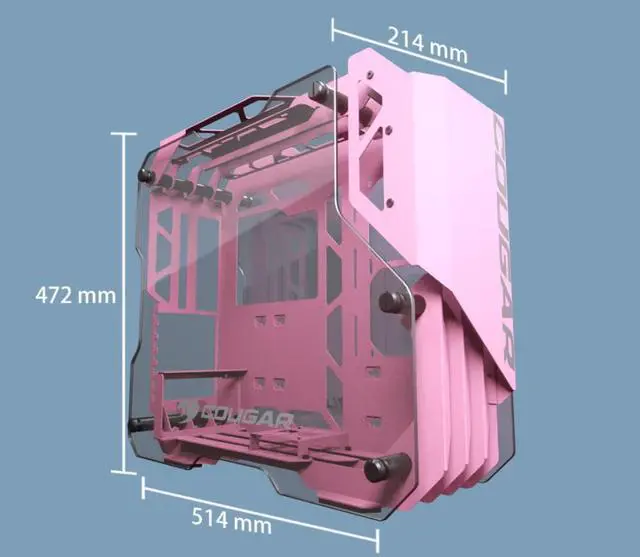Alt view image 5 of 7 - Cougar Open-Frame Computer case ATX 240mm Radiator Aluminum Alloy Glass PC Game Case - Pink