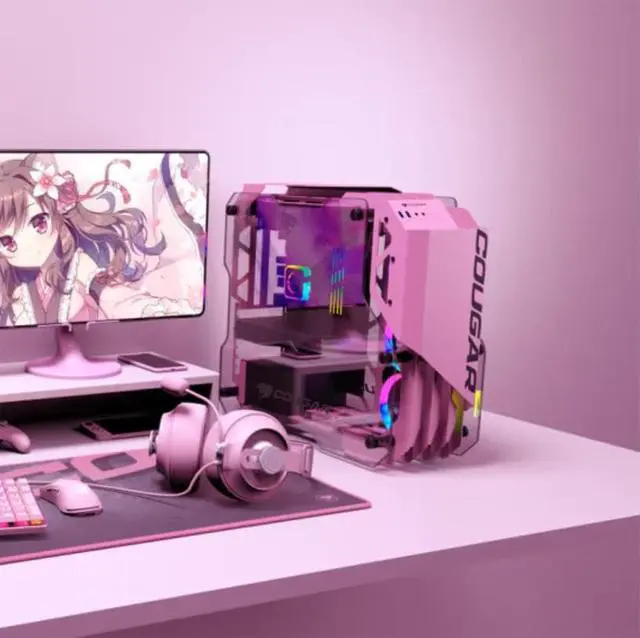 Alt view image 4 of 7 - Cougar Open-Frame Computer case ATX 240mm Radiator Aluminum Alloy Glass PC Game Case - Pink