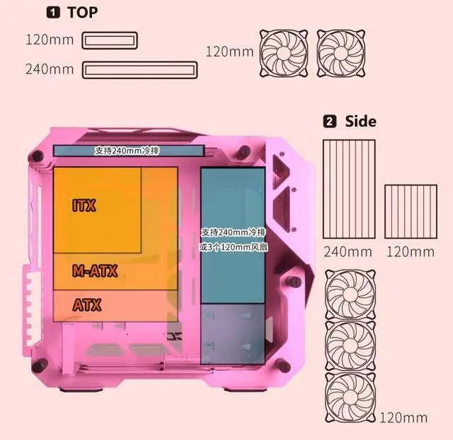 Alt view image 6 of 7 - Cougar Open-Frame Computer case ATX 240mm Radiator Aluminum Alloy Glass PC Game Case - Pink