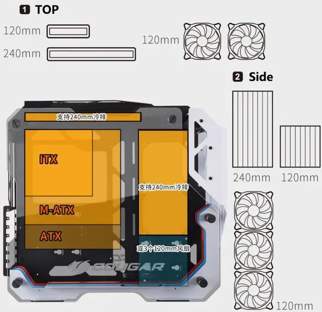 Alt view image 6 of 7 - Cougar Open-Frame Computer case ATX 240mm Radiator Aluminum Alloy Glass PC Game Case - White