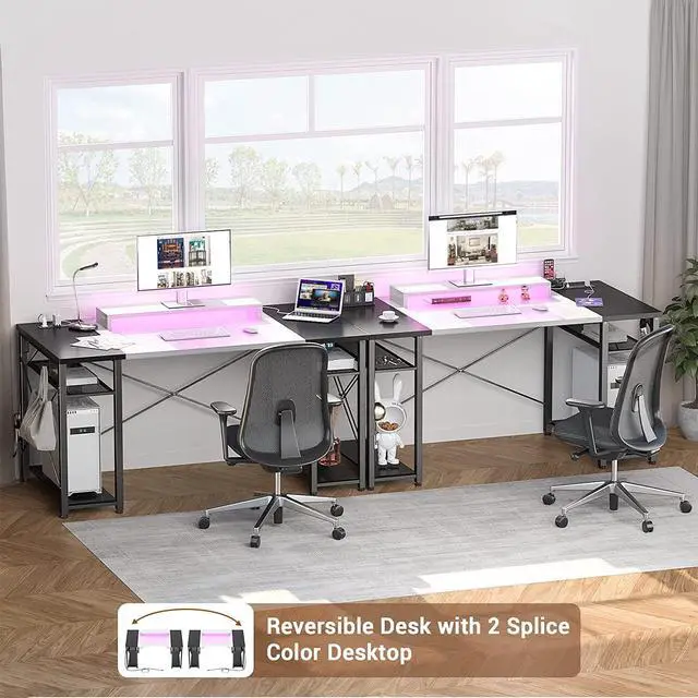 Alt view image 4 of 7 - Computer Desk with LED Lights, 55 Inch Desk with Power Outlet and USB, Reversible Large Desk with Moveable Monitor Stand, 55.2'' Gaming PC Table for Home Office, Workstation, White and Black