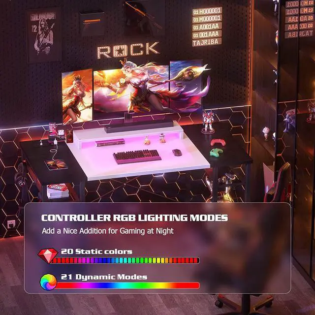 Alt view image 5 of 7 - Computer Desk with LED Lights, 55 Inch Desk with Power Outlet and USB, Reversible Large Desk with Moveable Monitor Stand, 55.2'' Gaming PC Table for Home Office, Workstation, White and Black