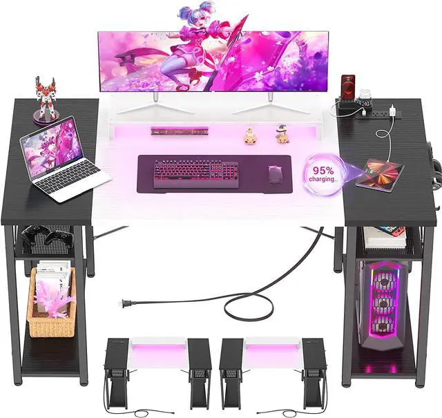 Main image of Computer Desk with LED Lights, 55 Inch Desk with Power Outlet and USB, Reversible Large Desk with Moveable Monitor Stand, 55.2'' Gaming PC Table for Home Office, Workstation, White and Black