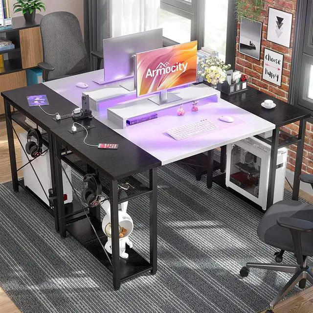 Alt view image 2 of 7 - Computer Desk with LED Lights, 55 Inch Desk with Power Outlet and USB, Reversible Large Desk with Moveable Monitor Stand, 55.2'' Gaming PC Table for Home Office, Workstation, White and Black