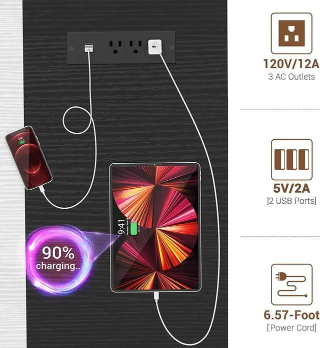 Alt view image 7 of 7 - Computer Desk with LED Lights, 55 Inch Desk with Power Outlet and USB, Reversible Large Desk with Moveable Monitor Stand, 55.2'' Gaming PC Table for Home Office, Workstation, White and Black