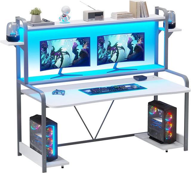 White Gaming Desk, 55 Computer Desk with Storage, LED Lights, Hutch & Monitor  Shelf, Large PC Gamer Desk Workstation, Gaming Table for Bedroom, Studying  Writing Desk for Home Office 