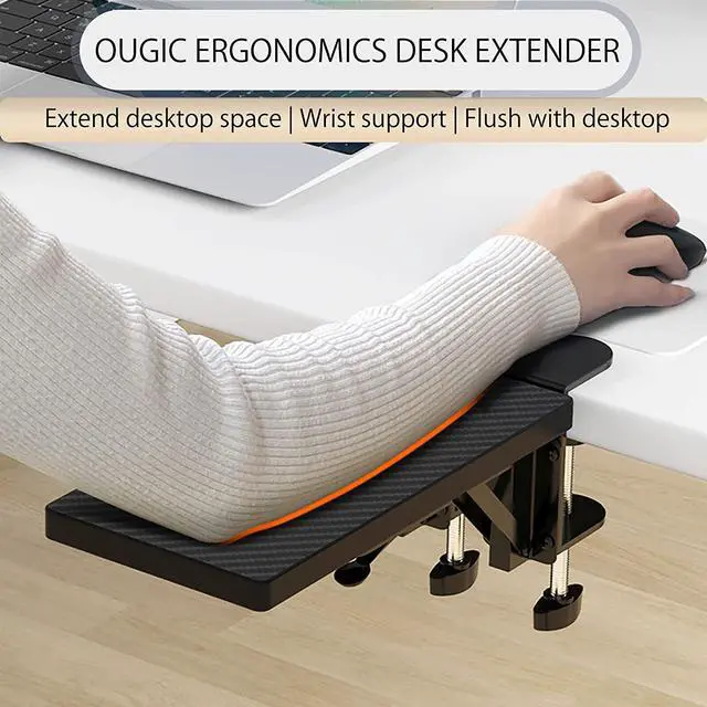 Alt view image 2 of 7 - Ergonomics Desk Extender Tray, 11.8"x5.9" Punch-Free Clamp on, Foldable Keyboard Drawer Tray, Table Mount Arm Wrist Rest Shelf, Computer Elbow Arm Support
