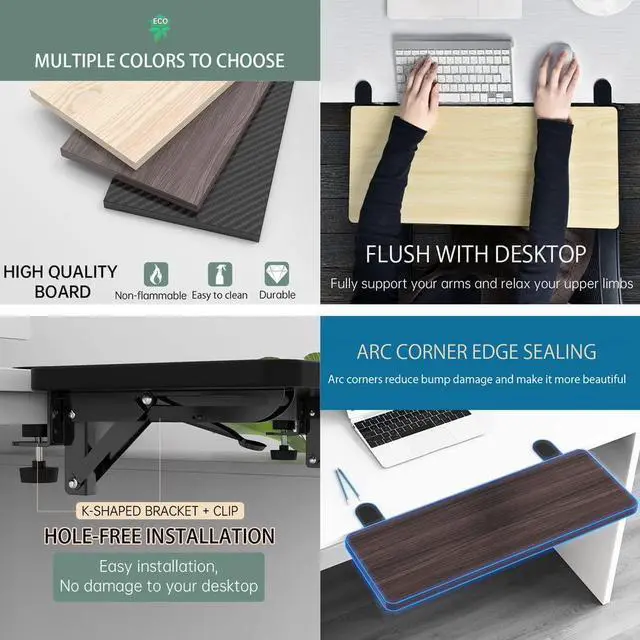 Alt view image 3 of 7 - Ergonomics Desk Extender Tray, 25.2"x9.5" Punch-Free Clamp on, Foldable Keyboard Drawer Tray, Table Mount Arm Wrist Rest Shelf, Computer Elbow Arm Support