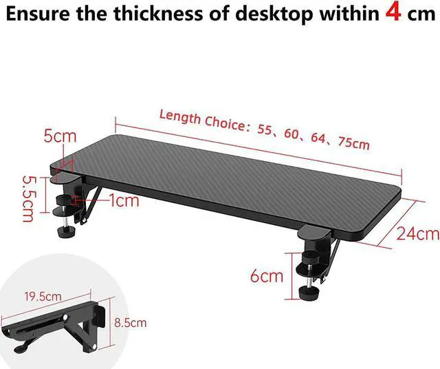 Alt view image 2 of 7 - Ergonomics Desk Extender Tray, 25.2"x9.5" Punch-Free Clamp on, Foldable Keyboard Drawer Tray, Table Mount Arm Wrist Rest Shelf, Computer Elbow Arm Support