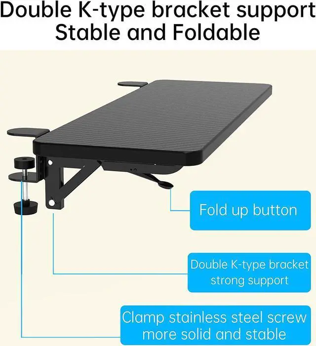 Alt view image 7 of 7 - Ergonomics Desk Extender Tray, 25.2"x9.5" Punch-Free Clamp on, Foldable Keyboard Drawer Tray, Table Mount Arm Wrist Rest Shelf, Computer Elbow Arm Support