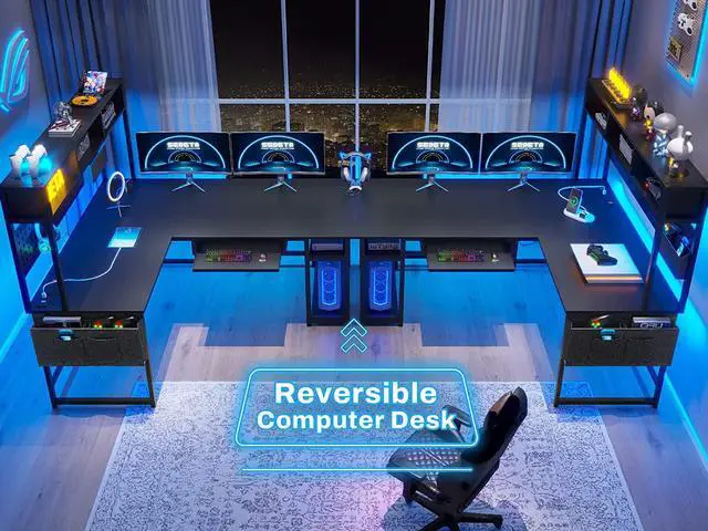 Alt view image 4 of 7 - L Shaped Gaming Desk, Reversible Computer Desk with Power Outlet and Pegboard, Gaming Desk with Led Lights, Keyboard Tray and Storage Bag for Home Office, Black