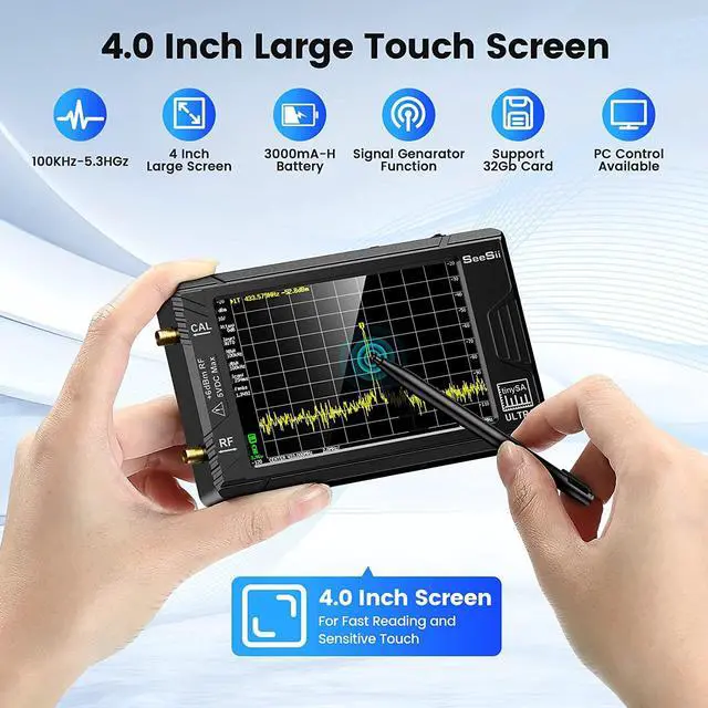 Alt view image 2 of 7 - TinySA Ultra Spectrum Analyzer, SeeSii 4.0 Inch 100kHz to 5.3GHz Handheld Tiny Frequency Analyzer with 32Gb Card, 2-in-1 Signal Generator 100kHz to 800MHz MF/HF/VHF UHF Input,V0.4.5.1