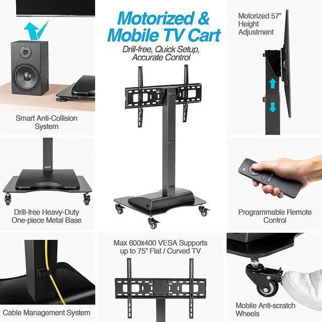 Alt view image 3 of 7 - Motorized & Mobile 2-in-1 TV Lift Cart for 37-75 inch Flat/Curved Screens Automated Lift with Remote Height Adjustable up to 57" Floor Rolling Stand with Locking Wheels for Home Office
