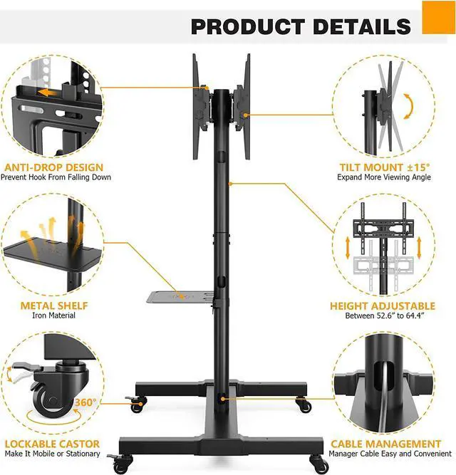 Alt view image 5 of 7 - Rolling/Mobile TV Cart with Wheels for 32 to 55 Inch LCD LED 4K Flat Curved Screen Vertical TVs-Height Adjustable Screen Tilt Rolling TV Stand for 2 TVs with Laptop Shelf Holds Up to 132 lbs